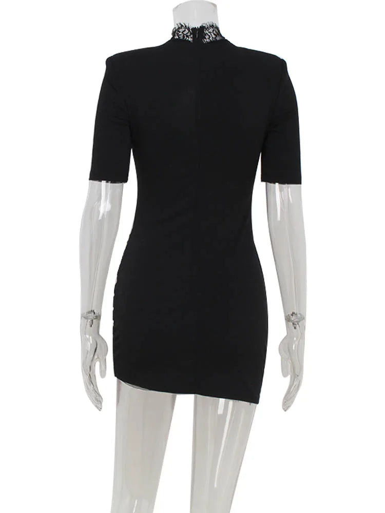 Huhugirl Lace Patchwork Hollow Out Bodycon Sheath Dress High Collar Women