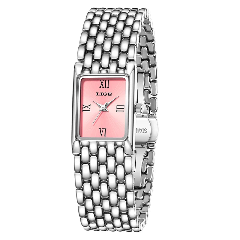 2025 LIGE New Watches Women Fashion Casual Luxury Gifts Womens Waterproof Square Dial Steel Belt Quartz Wrist Watch reloj mujer
