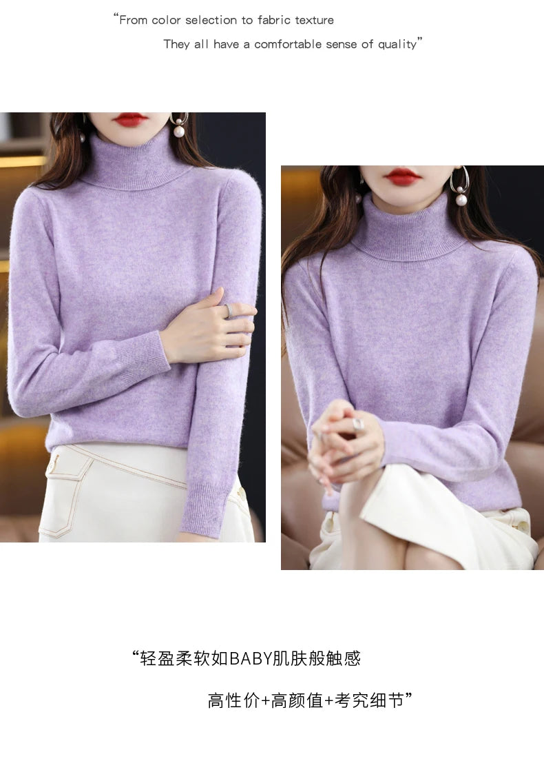 100% Merino Wool High Turnover Collar Knitted Sweater For Women's Autumn And Winter Warm Top Elegant 2YS Versatile Jiu Jia 206