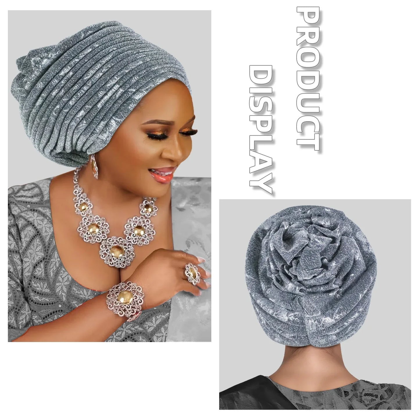 African Lady Headpiece Muslim Headscarf Hat Glitter Fabric Turban Cap for Women Pleated Head Wraps Bonnet