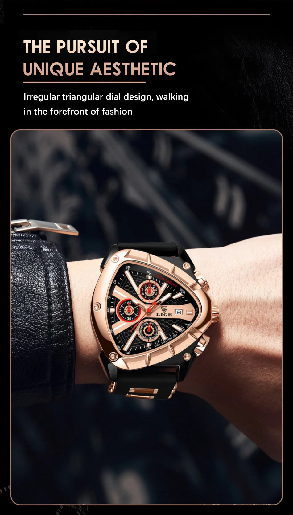 LIGE Sports Triangle Mens Watches Luminous Pointers Fashion Rubber Strap Military Irregular Quartz Wristwatch Waterproof  Watch