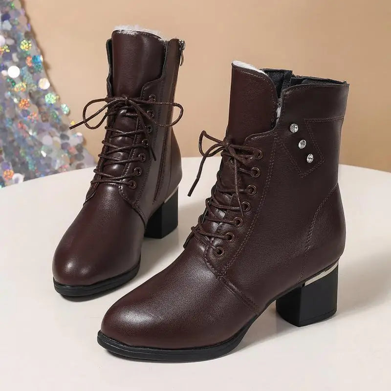 Winter 2024 Women's High Heels Long Plush Warm Ankle Boots Plus Size 42 Thick Square Heeled Motorcycle Boots Woman Shoes Short