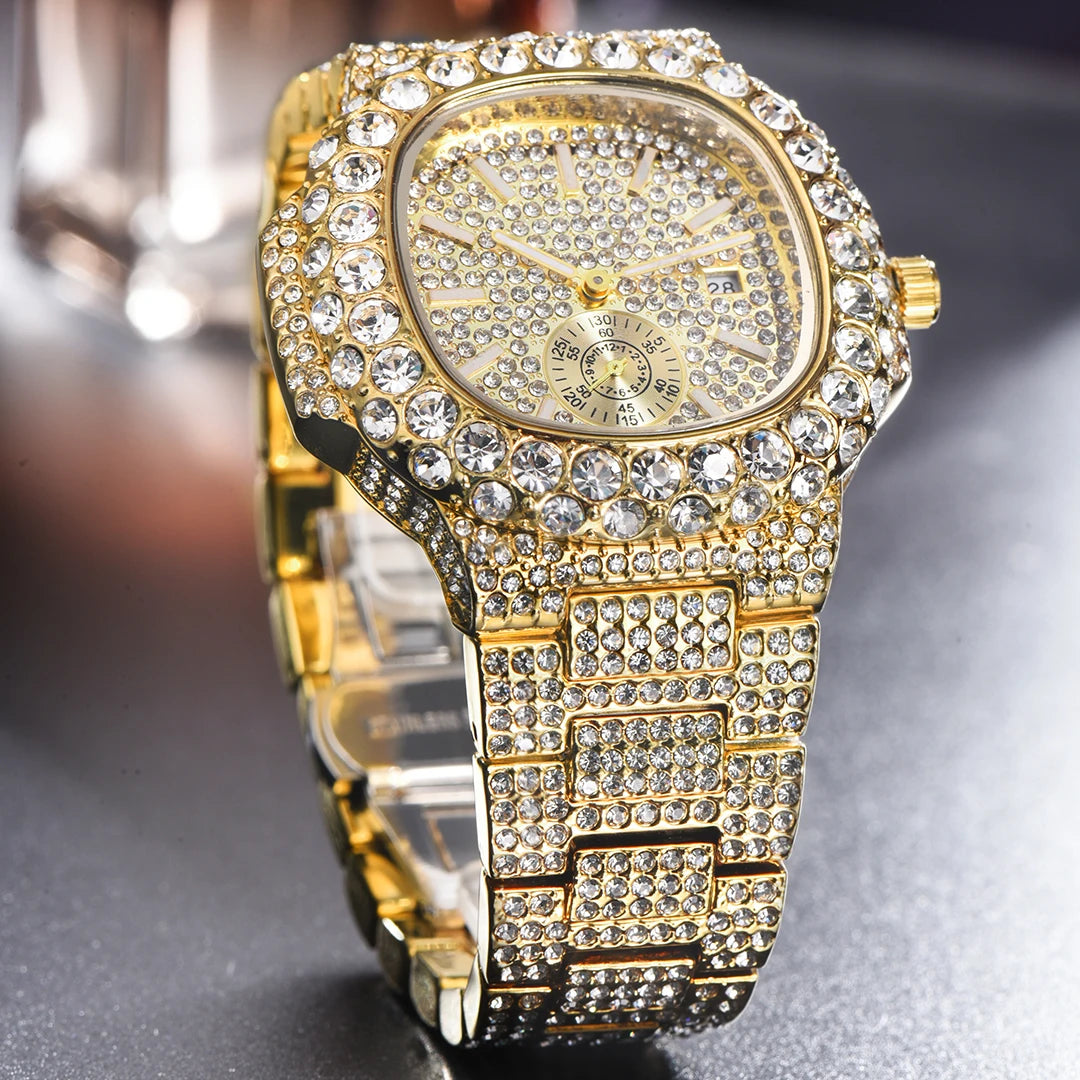 MISSFOX Iced Out Watch For Men Luxury Fashion Gold Quartz Watches Hip Hop High Quality Waterproof  Male Daimond Clock New Gift