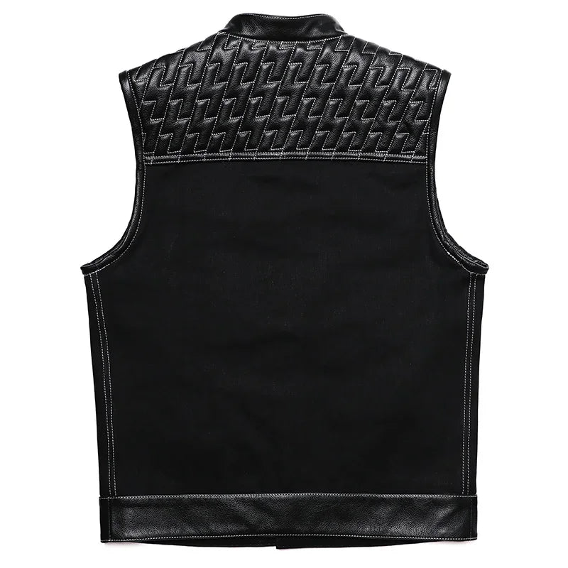 SOA Club Style Motorcycle Leather Vest Men Cowhide Denim Patchwork Waistcoat Sons of Anarchy Biker Vests Man Sleeveless Jacket
