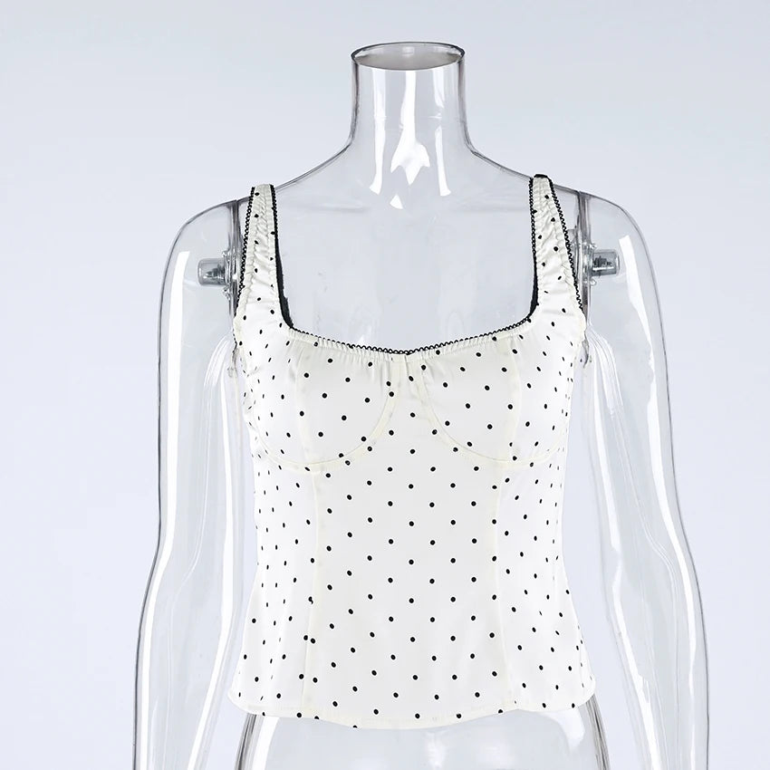 Backless Polka Dot Satin Tank Top Women Spaghetti Strap Lace Camisole Summer