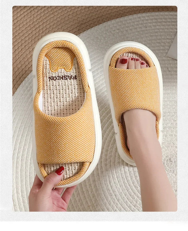Couples Home Linen Slippers Women Indoor Soft Comfortable Bedroom Slides Men Leisure Non Slip House Shoes Platform Cotton Flats