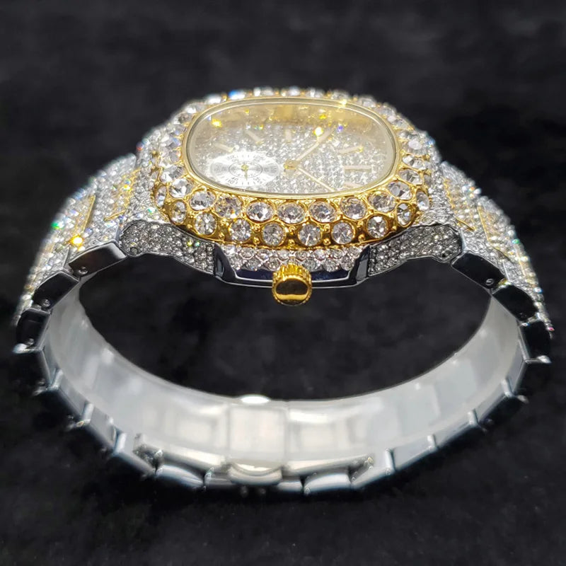 MISSFOX Iced Out Watch For Men Luxury Fashion Gold Quartz Watches Hip Hop High Quality Waterproof  Male Daimond Clock New Gift
