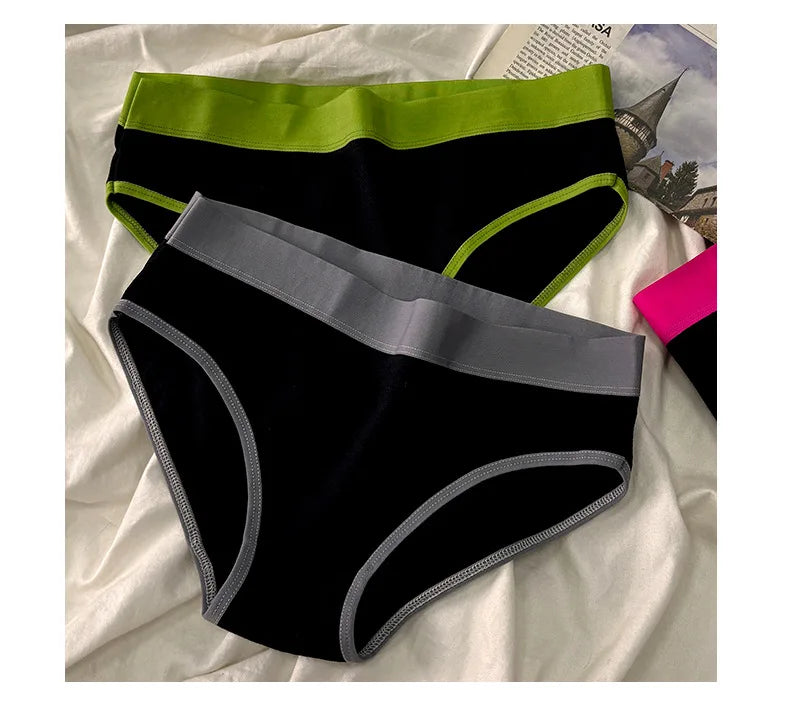 5Pcs/Set Sport Cotton Panties Women Middle Waist Briefs Girls Solid Color Underwear Breathable Underpants Color Blocked Triangle