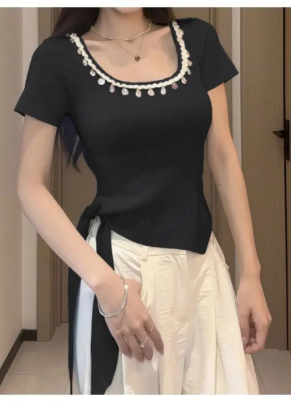Short-sleeved Women's Top Bestseller 2025 New French Stylish Design Slimming and Flattering, Popular Online Clothing