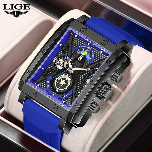 LIGE New Fashion Mens Watches Top Brand Luxury Silicone Quartz Watch For Men Waterproof Chronograph 24 Hour Moon Phase Clock+Box