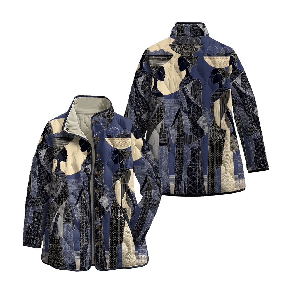 Women's African Art Jackets with Female Profile Florals Pattern Coats Multi-Color Silhouette Patterns Artistic Winter Outerwear