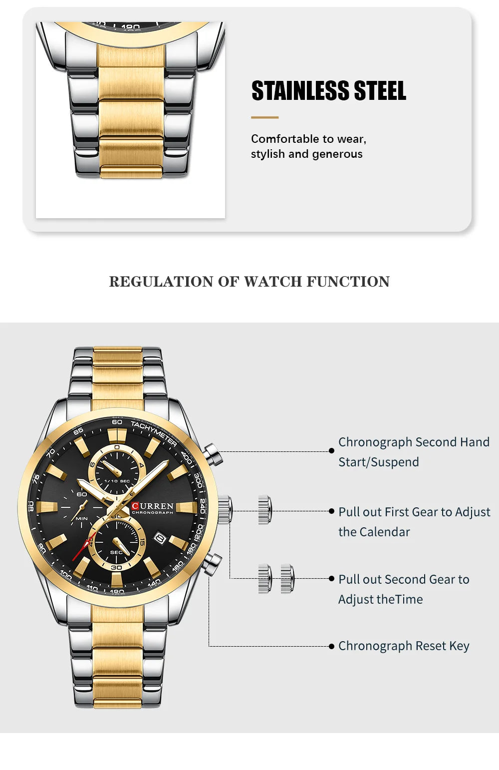 CURREN  New Sports Multifunction Stainless Steel Band Watches Fashion Brand Quartz Men's Wristwatches with Date