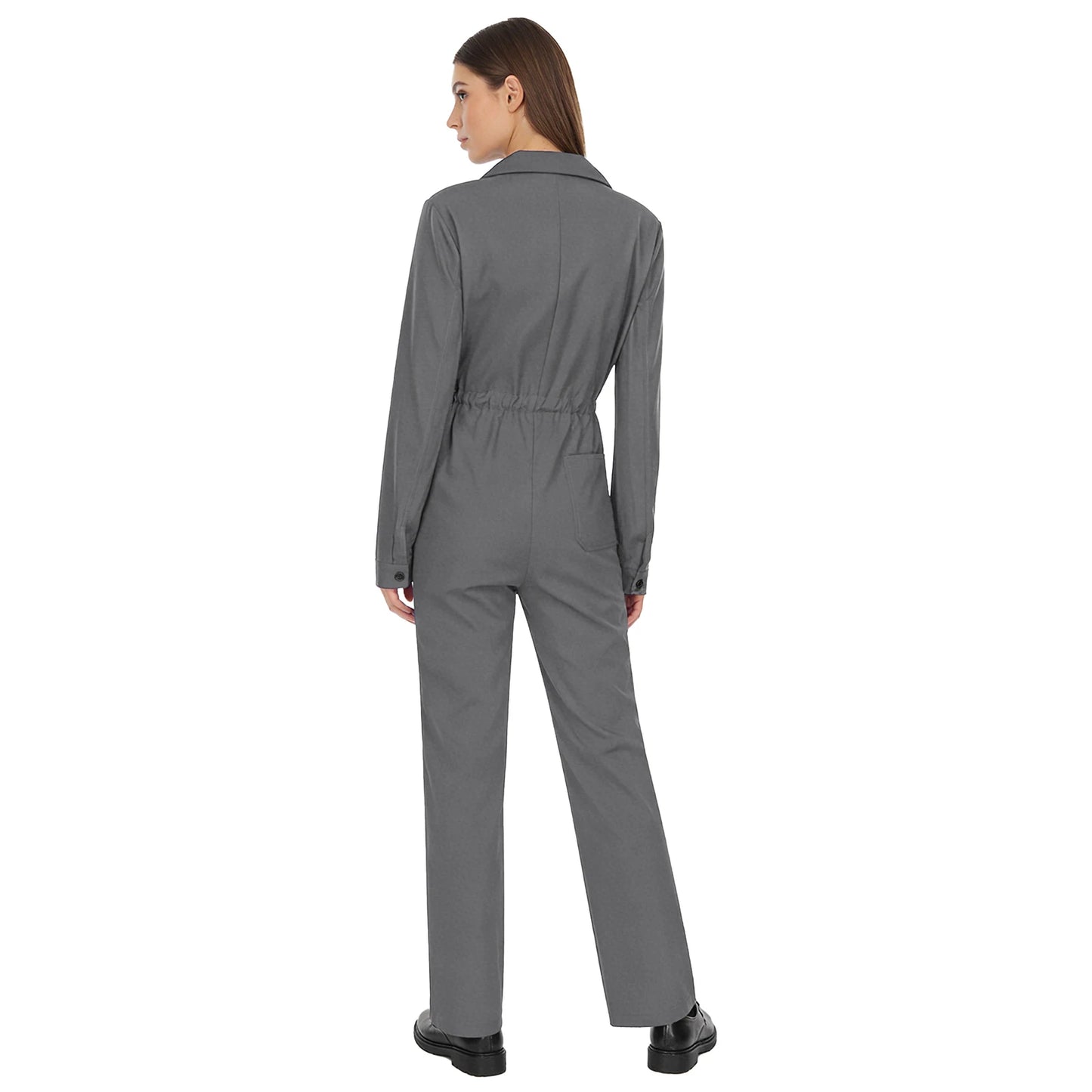 Womens Coverall Solid Color Turn-Down Collar Long Sleeve Button Jumpsuit Mechanic Work Overalls Fashion Casual Cargo Rompers