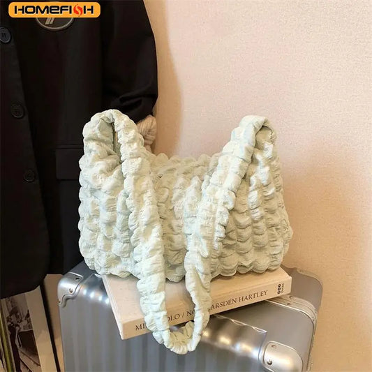 HOMEFISH Crossbody Bag With Pleated Design Embroidered Plaid Shoulder Bag Underarm Bags Simple Large Capacity Quilted Tote Bags