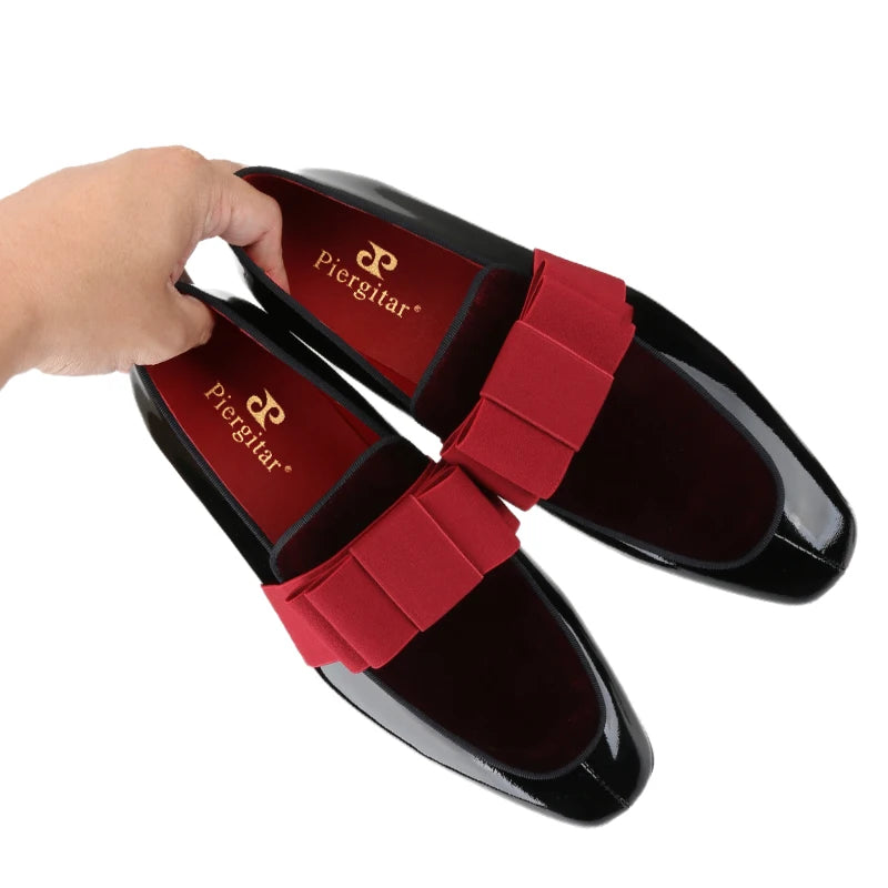 Black Patent Calfskin And Velvet Hand Stitching Men’s Dress Shoe With Grosgrain Ribbon Bow Adorns CL Brand Couture Loafer