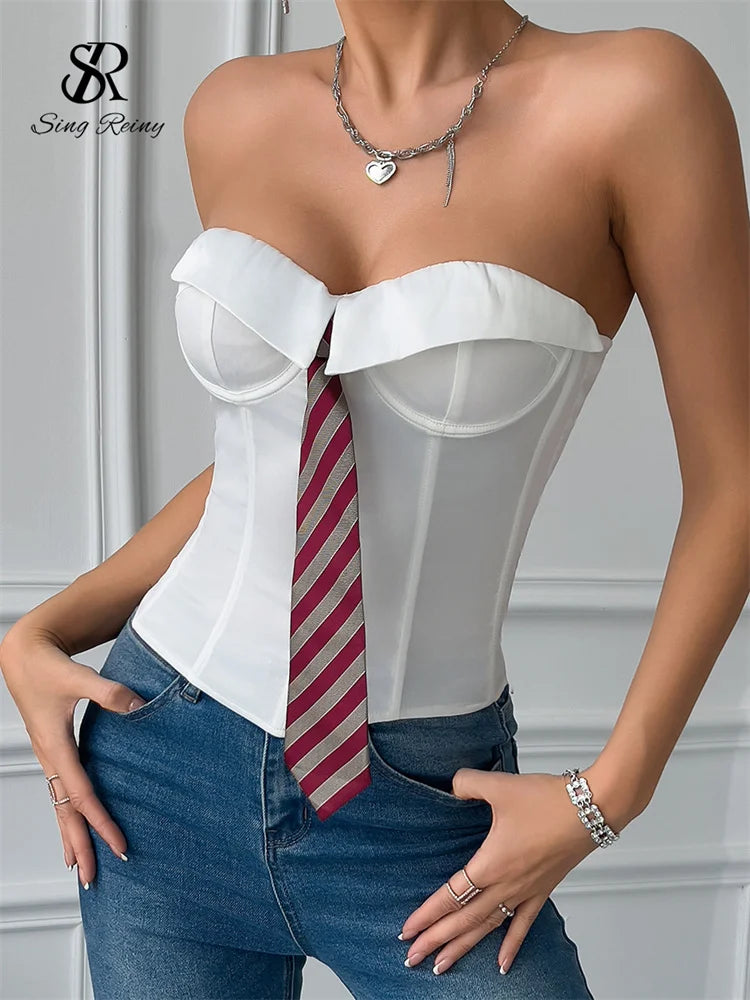 SINGREINY Women Sensual Strapless Slim Tank Tops Female Striped Tie Short Tank Tops Fashion Summer Lace Up Streetwear Tank Tops