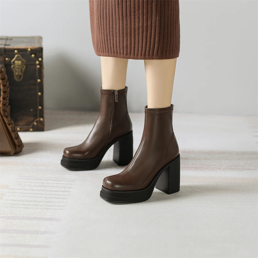 2025 NEW Brand Women Autumn Winter Boots Sexy High Heels Platform Black Brown Side Zip Shoes Woman Ankle Boots Size 33-41