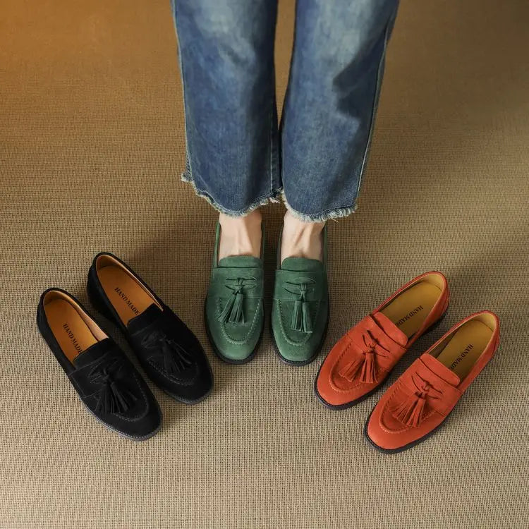 Women's loafers leather shoes Spring New Products Genuine leather sheepskin Nubuck Leather Black/Green/Orange Tassel decoration