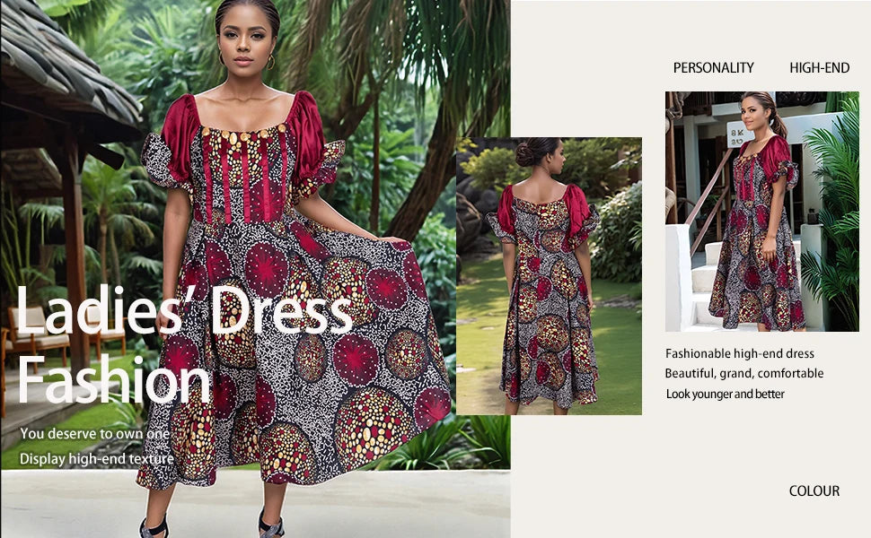 African Style Dresses for Women Puff Sleeve High Waist Gowns Ankara African Dress Princess Dress Robe Africaine Femme WY9970