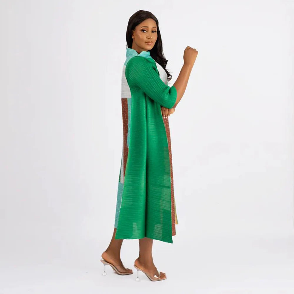 African Dresses for Women Summer Fashion Style African 3/4 Sleeve Polyester O-neck Pleated Dress Dashiki African Clothes Women