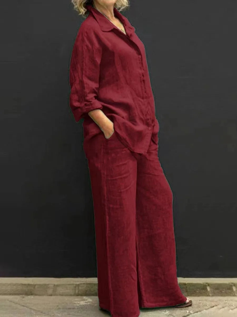 Spring Summer Women Lapel Long Sleeve Shirt High Waist Wide Leg Pants Set