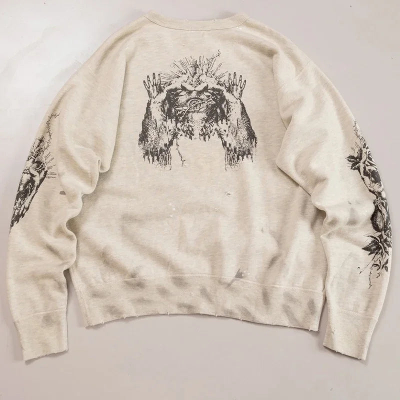Real Photo Portrait Graffiti Print Saint Hoodie Wash Do Old Destroy Loose Pullover Casual Women Men Sweatshirt