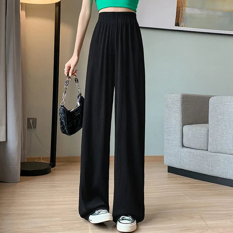 Thin Summer Wide-leg Pants Ice Filament Permeability Women Spring  Women Elastic Waist Stright Long Pants