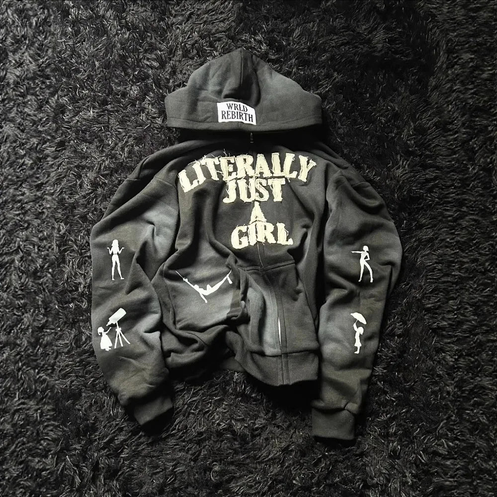 Y2K Hip Hop Hoodie Men Women 3D Print Letter Streetwear Loose Zip Up Cardigan Casual Oversized Pullover Sweatshirt Vintage Trend