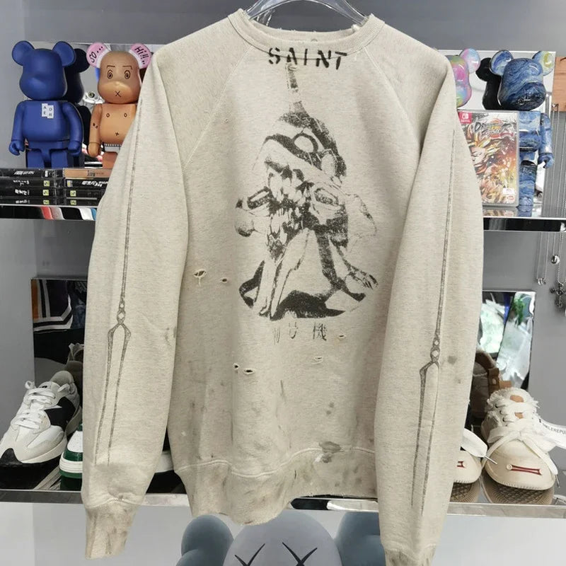 Real Photo Portrait Graffiti Print Saint Hoodie Wash Do Old Destroy Loose Pullover Casual Women Men Sweatshirt