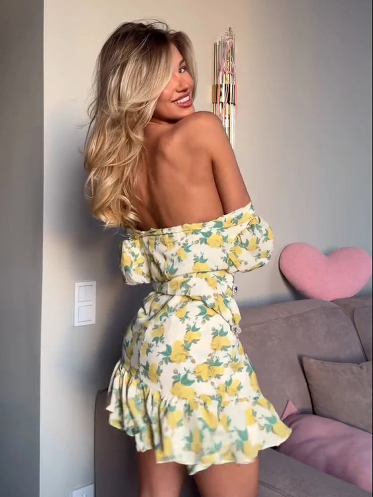 Chic Ruffle Print Slim Fit Dress Women Chic Flared sleeves V-neck Pleated Short Dresses 2026 Lady Summer Casual Daily Vestidos BAZAARHUBO