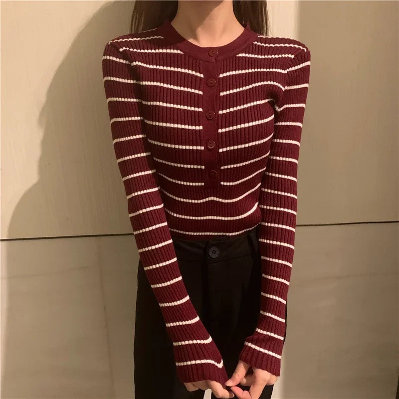 ITOOLIN Women Stripes O-neck Buttoned Up Sweaters Long Sleeve Knitted Sweater Slim Women Jumpers Tops Autumn Winter One Size