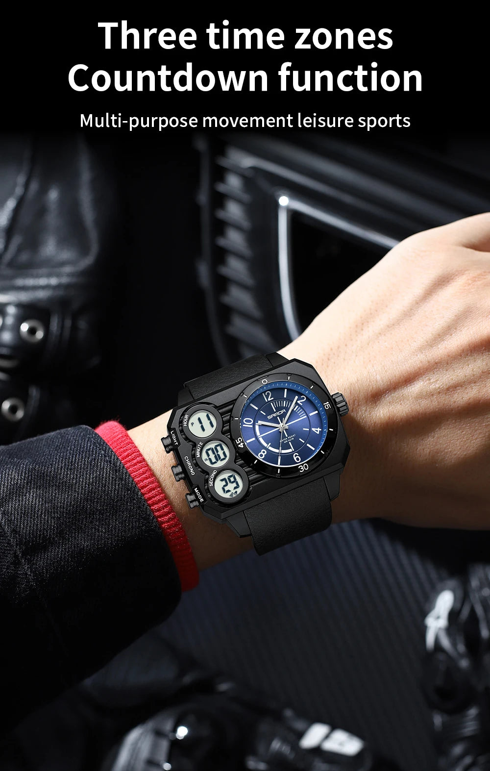 SANDA Men Watch Square Big Dial Waterproof Double Display Wristwatch Man Chronograph Digital Clock Men's Military Quartz Watches