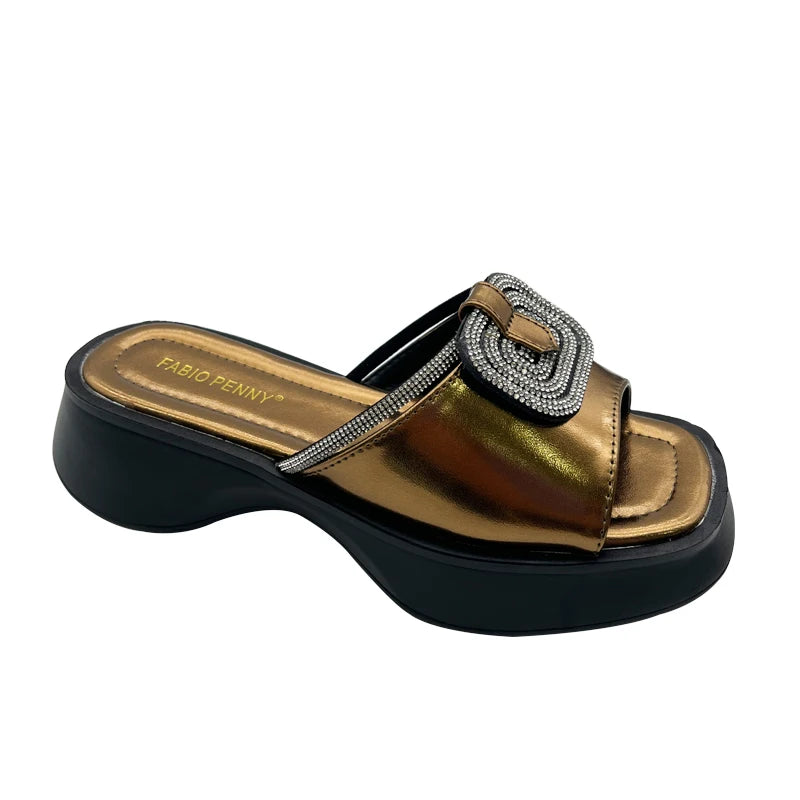 FABIO PENNY2026 new solid-color exquisite water diamond design thick-soled women's fashionable slippers and party sandals