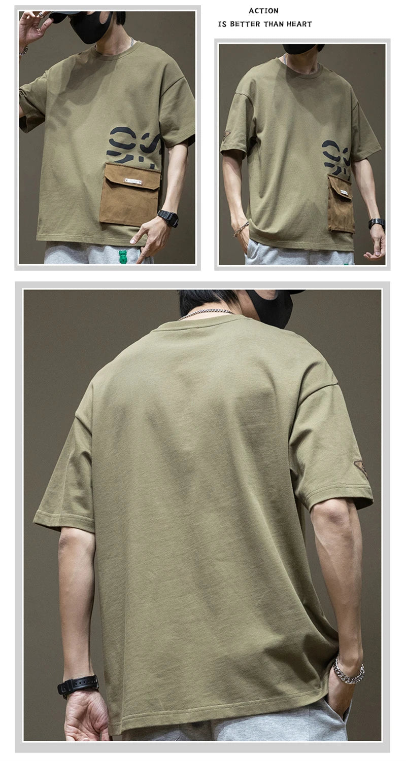 Summer Men's Short Sleeve Letter Printed T-shirt With Cargo Pocket Casual Cotton O-Neck Tops Y2K Streetwear Oversized Tee Shirts