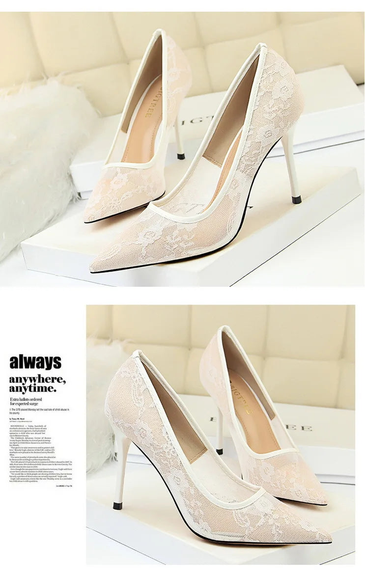 Women Fashion Sexy Pumps High Heels Shoes Female Sexy Wedding Shoes Ladies Stiletto Women New Pointed Toe Mesh Hollow Lace Heels