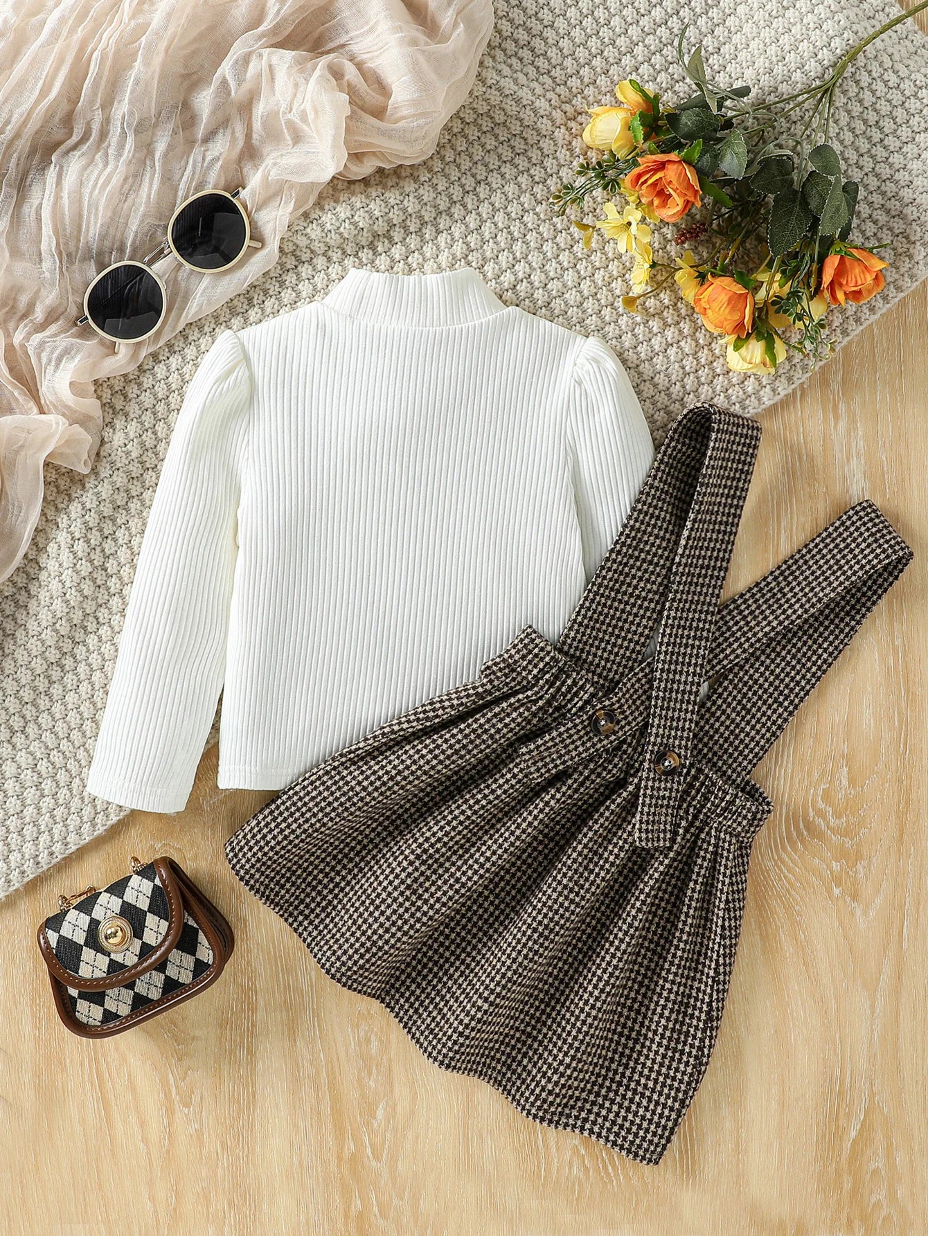 Children Autumn Fashion Clothes 2 Pieces Suit White Turtleneck Ribbed Tops+Plaid Suspender Skirt Kids Sets Clothes  Casual 1-6Y