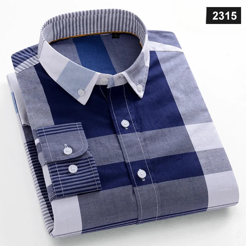 Fashion korean trends casual long-sleeve shirts for men slim fit plain shirt 100%cotton plaid striped tops soft designer clothes