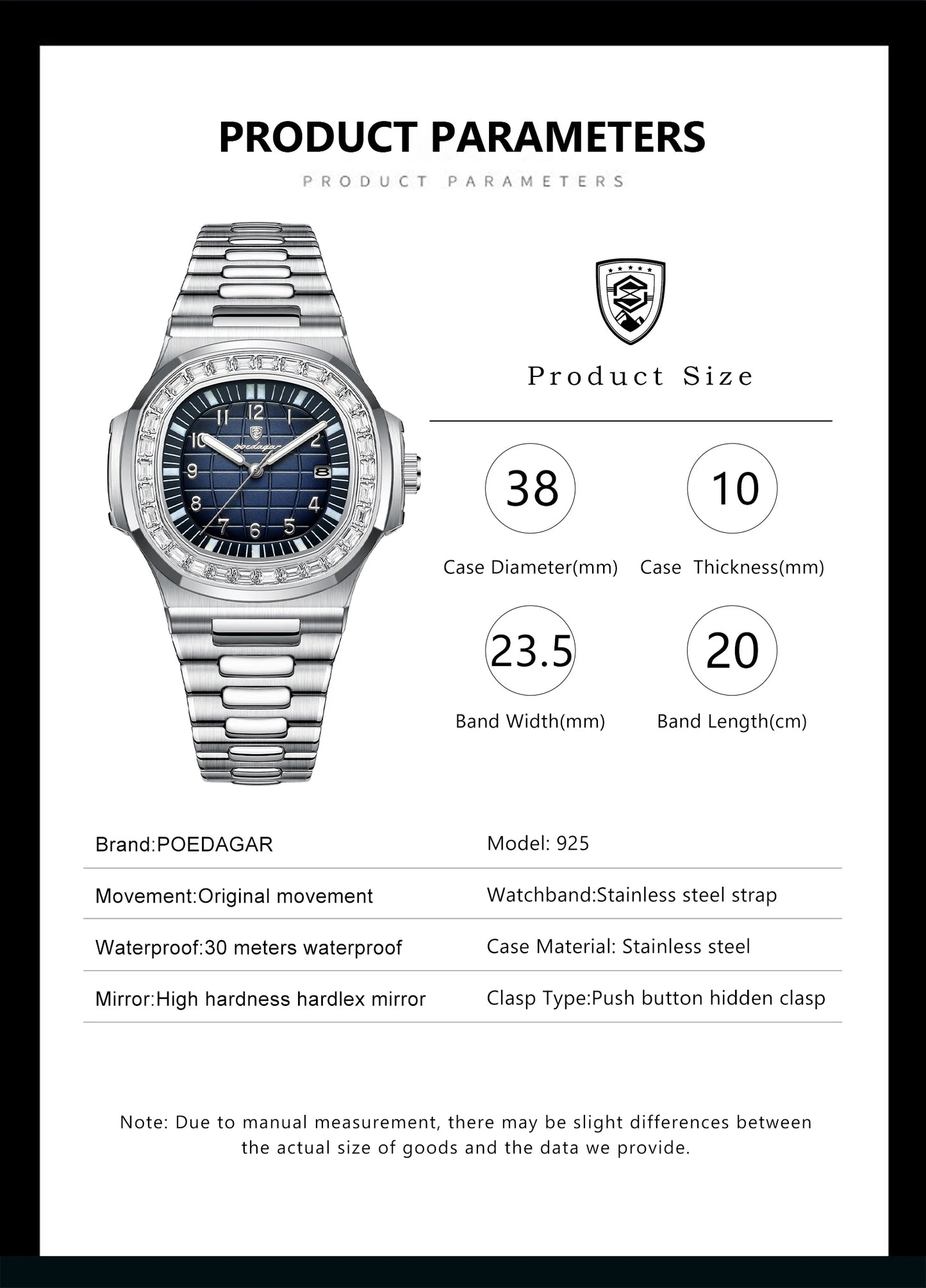 POEDAGAR Luxury Square Man Watches Waterproof Luminous Date Men Wristwatch Casual Male Clock Stainless Steel Men's Quartz Watch