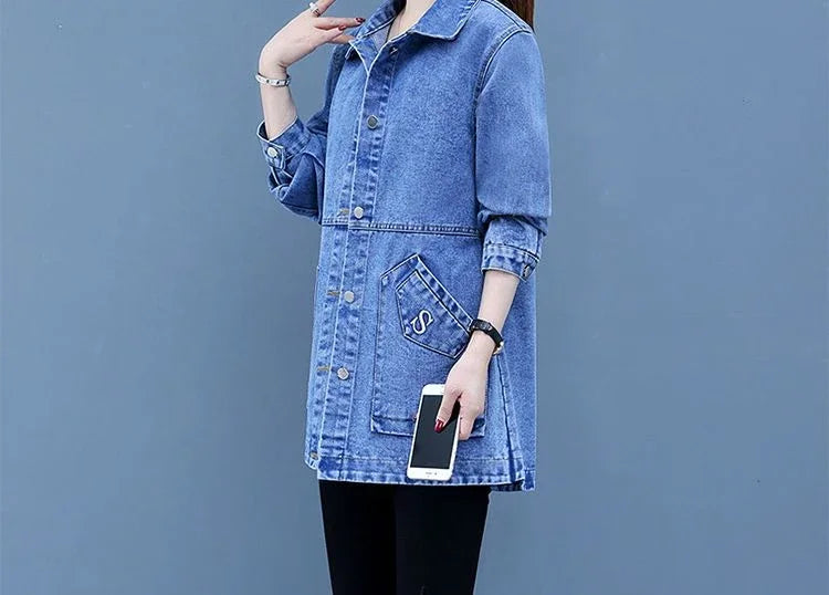 Plain Female Jeans Coats Korean Women's Denim Jackets Long Trench Designer in Promotion 2025 Trend Deals Chic and Elegant New