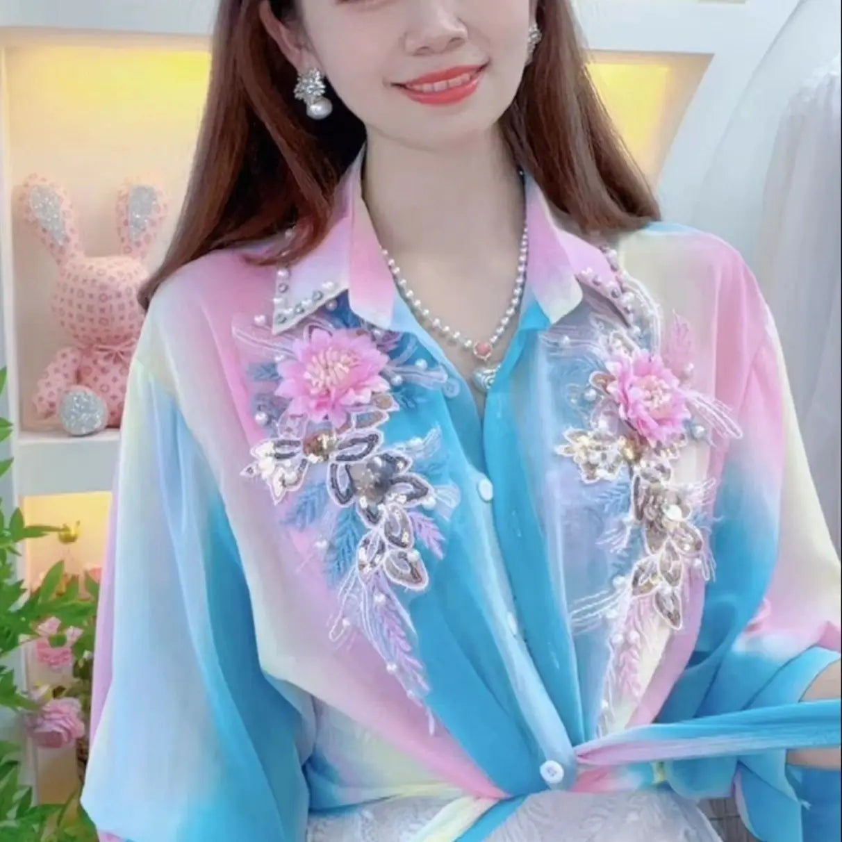 2024 Summer New Office Lady Temperament Sequined Bead Embroidered 3D Flower Chiffon Sun Protetion Casual Half-sleeved Shirt