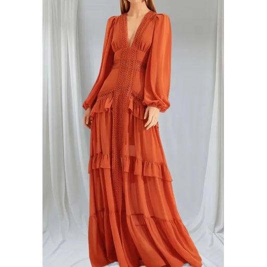 Fashion Elegance Women Long Maxi Dress 2025 Lace Deep V-neck Full Sleeve Layered Ruffled edges Party Dresses Street Vestidos