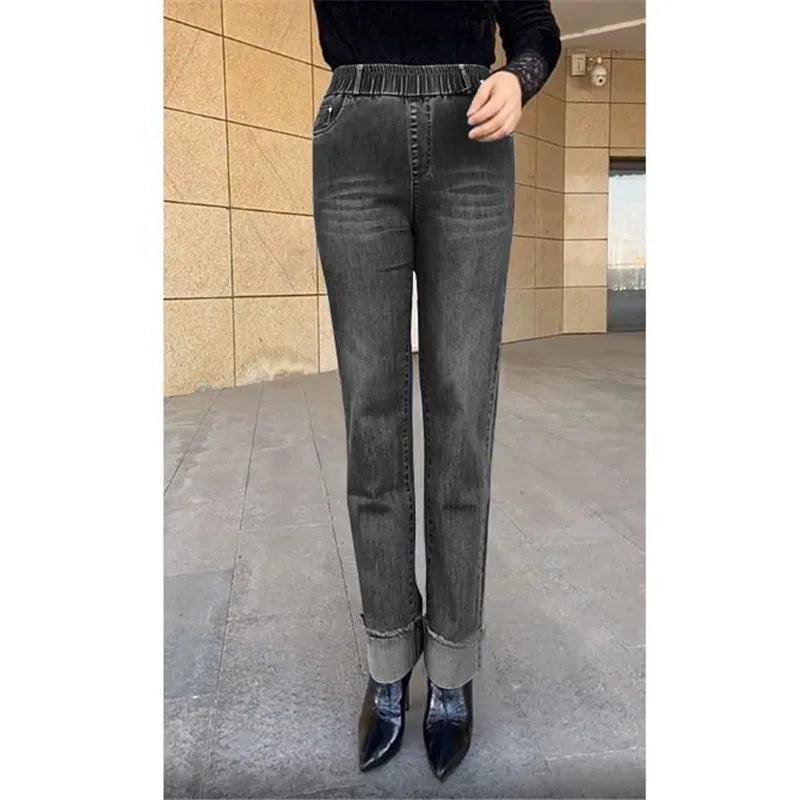 Plus Size Middle Aged Womens Jeans Elastic Waist High Waist Loose Denim Pants