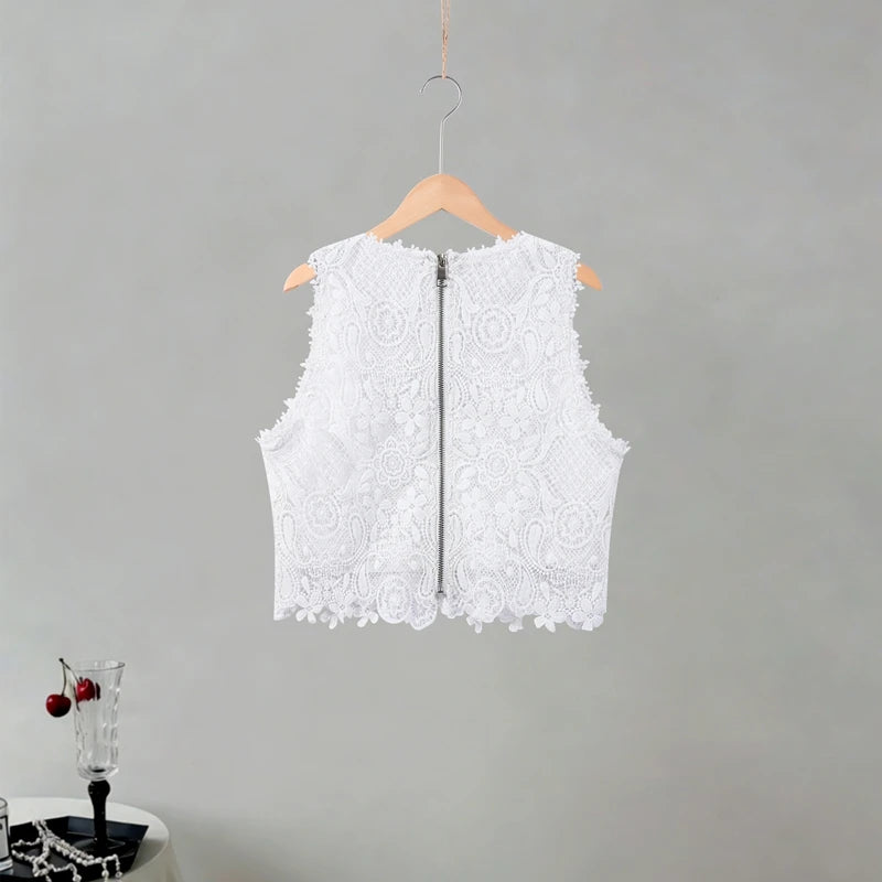 Casual Lace Tops Pants Sets Women O Neck Sleeveless High Waist Wide Legs Outfits Female 2026 Summer Beach Vacation Solid Suits