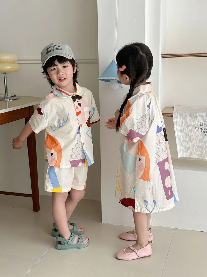 Loose Fit Summer Kids Clothes Set Girls Cute Graffiti Dress Boys Short Sleeved Shirt Children Thin Brother Sisters Outwear Suit