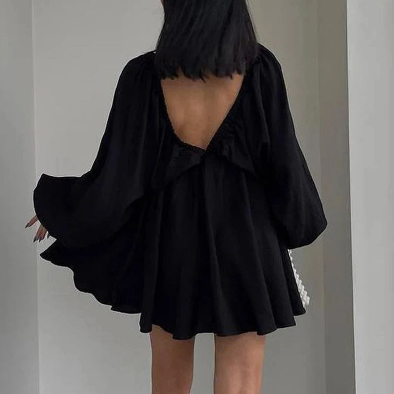NHKDSASA Women Elegant Solid Loose Dress Summer Casual Long Sleeve Ruffle Dress Ladies Fashion V Neck A-line Party Dress Vestido