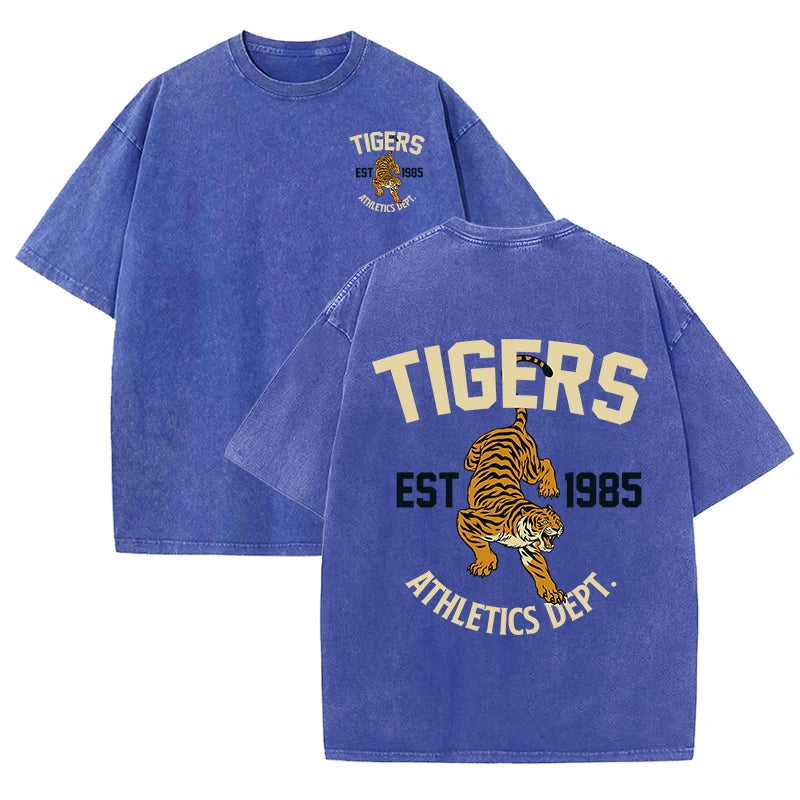 Tigers Est 1985 Sport Print Washed Women T-Shirt Summer Casual Retro T Shirts Snow Wash Tee Top Loose Unisex Retro Streetwear