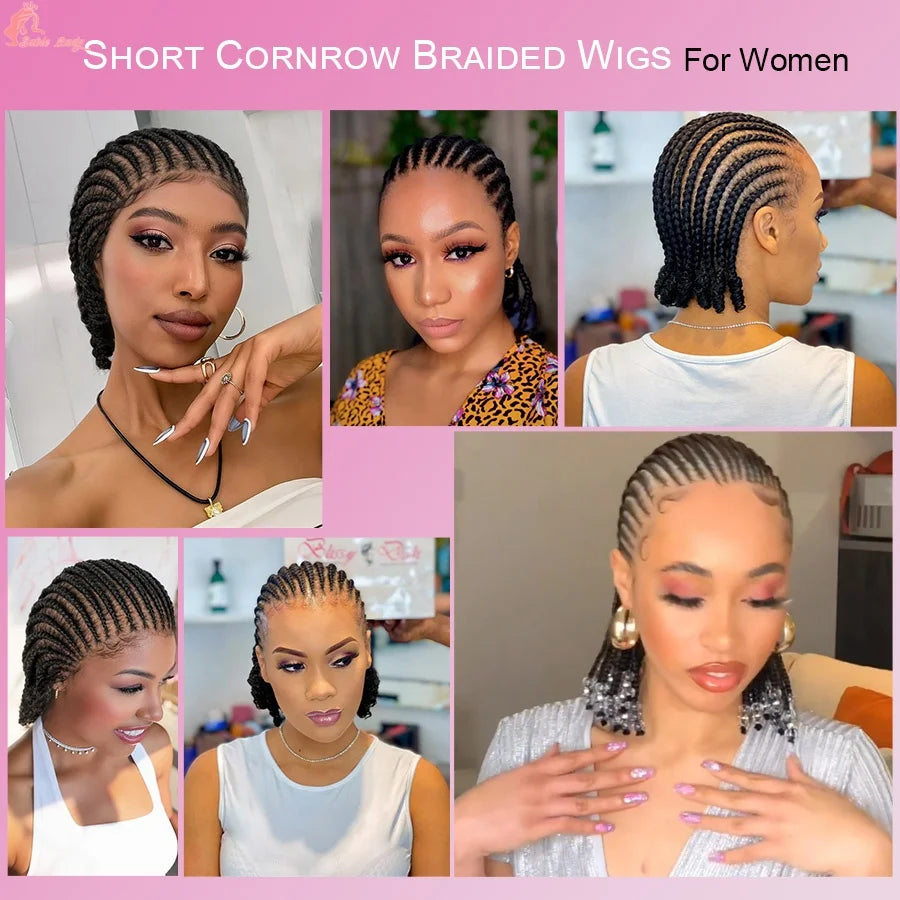 Short Bob Cornrow Braided Wigs Synthetic Full Lace Braids Wigs With Curly End For Black Women Handmade Knotless Box Braiding Wig