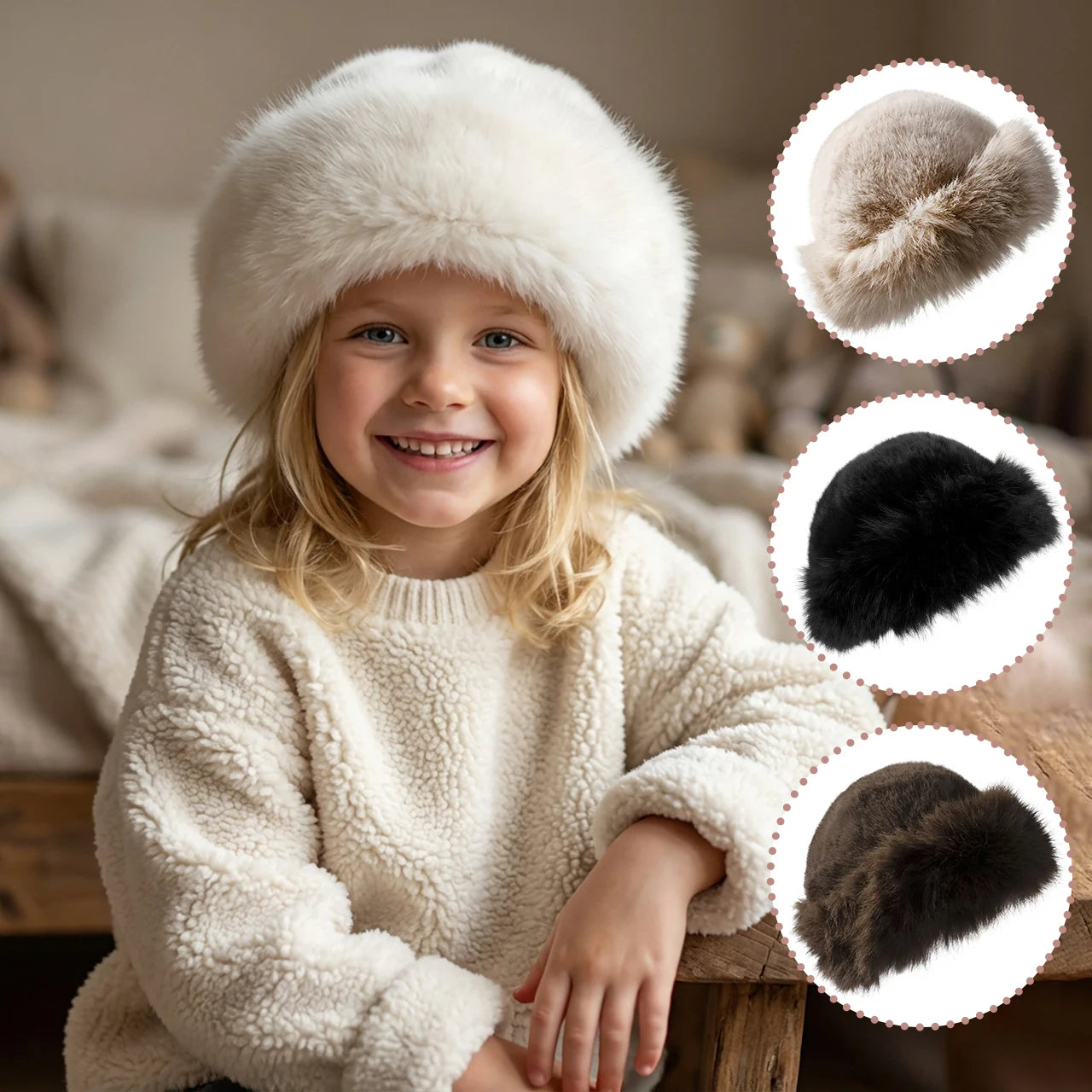Fuffy Fur Kids Winter Hat Solid Color Thicken Plush Warm Mongolian Hats For Boys Girls Outdoor Cold-proof  Bucket Cap