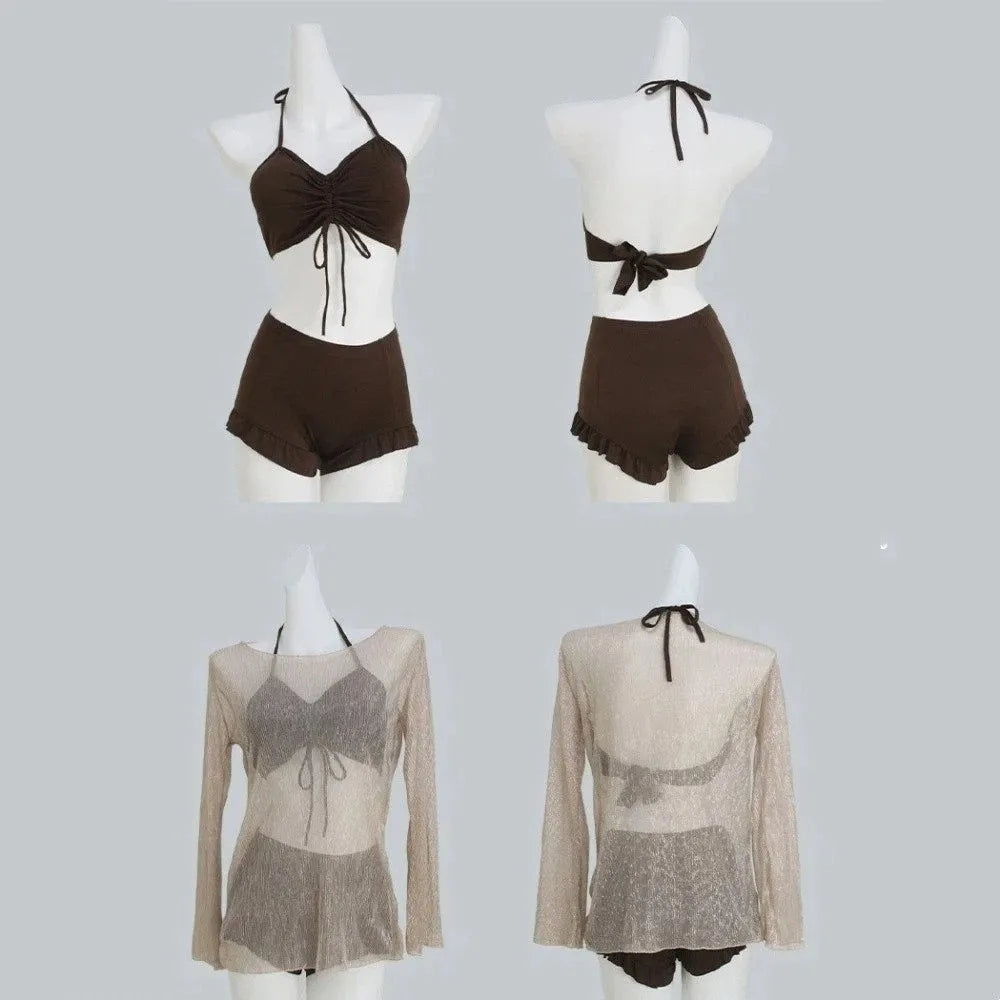 Simple Beachwear Ruffles Bikini Set Slim Fit Lace-up Swimming Suit Transparent Pullover Sun Protection Bathing Suit For Women