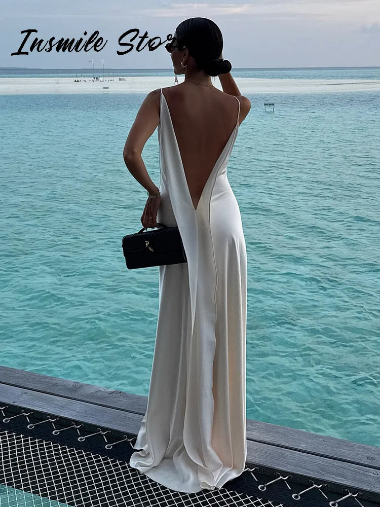 Sexy Backless Satin Women's Summer Dress V-neck Sleeveless Backless Slit Beach Sling Sundress 2026 Lady Chic Evening Party Robes